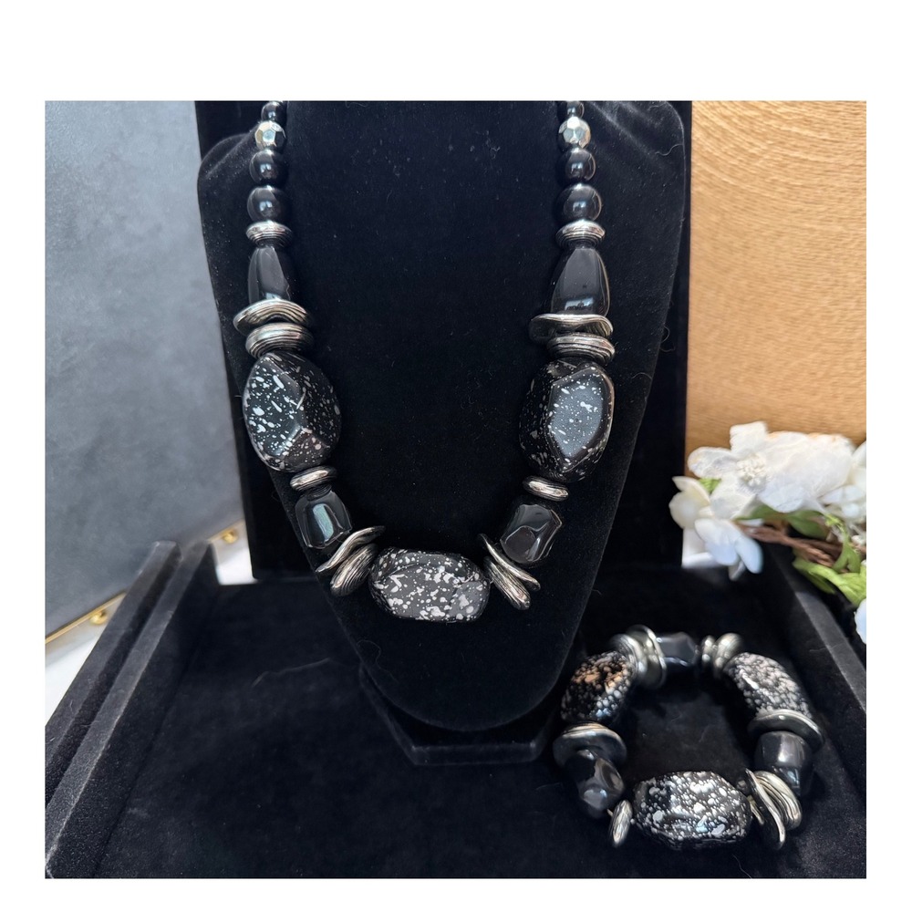 Chunky Black Silver Bead Necklace & Stretch Bracelet Statement Set Boho Glam